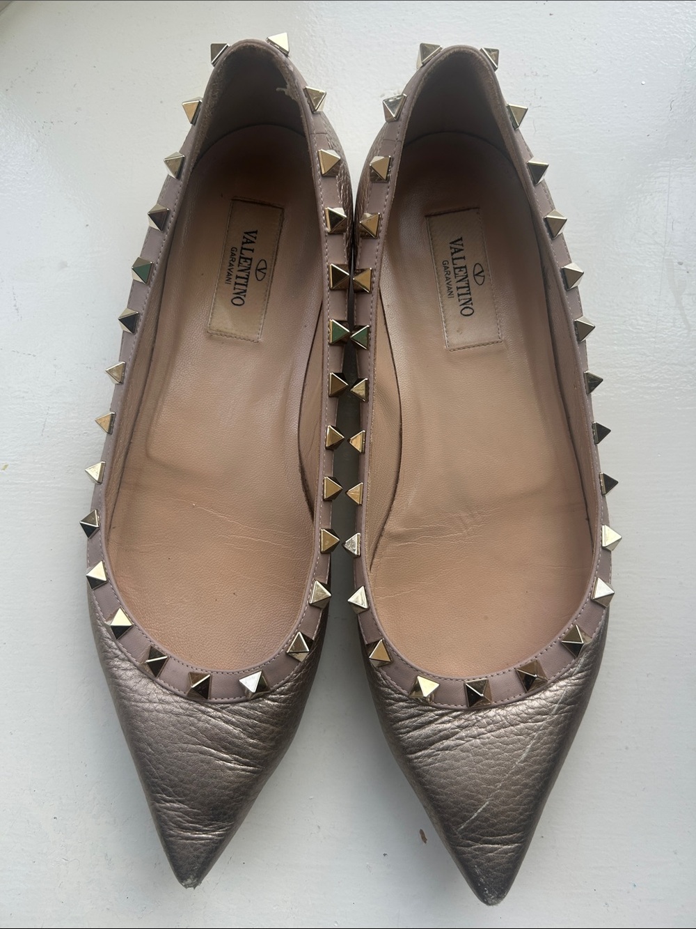 Valentino Metallic Taupe Pointed Rockstud Ballet Flats